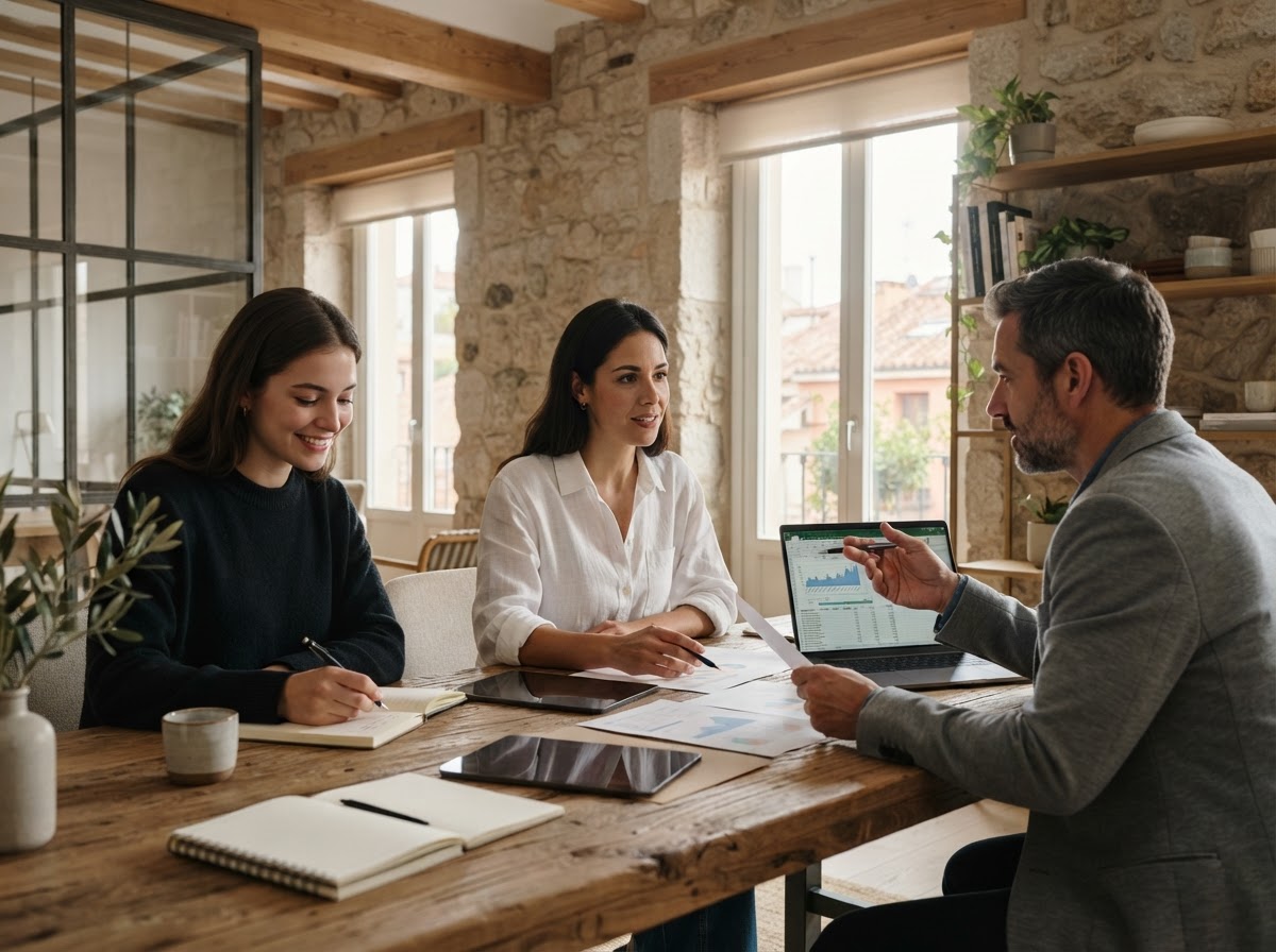 Mundo Rendivo: equipo analizando modelos de datos financieros en un entorno de oficina sobrio
